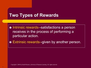 Copyright © 2005 by South-Western, a division of Thomson Learning. All rights reserved.
5
Two Types of Rewards
 Intrinsic rewards--satisfactions a person
receives in the process of performing a
particular action.
 Extrinsic rewards--given by another person.
 
