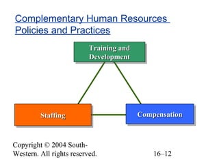 Copyright © 2004 South-
Western. All rights reserved. 16–12
Complementary Human Resources
Policies and Practices
StaffingStaffingStaffingStaffing
Training andTraining and
DevelopmentDevelopment
Training andTraining and
DevelopmentDevelopment
CompensationCompensationCompensationCompensation
 