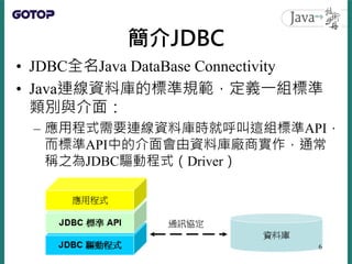 簡介JDBC
• JDBC全名Java DataBase Connectivity
• Java連線資料庫的標準規範，定義一組標準
類別與介面：
– 應用程式需要連線資料庫時就呼叫這組標準API，
而標準API中的介面會由資料庫廠商實作，通常
...