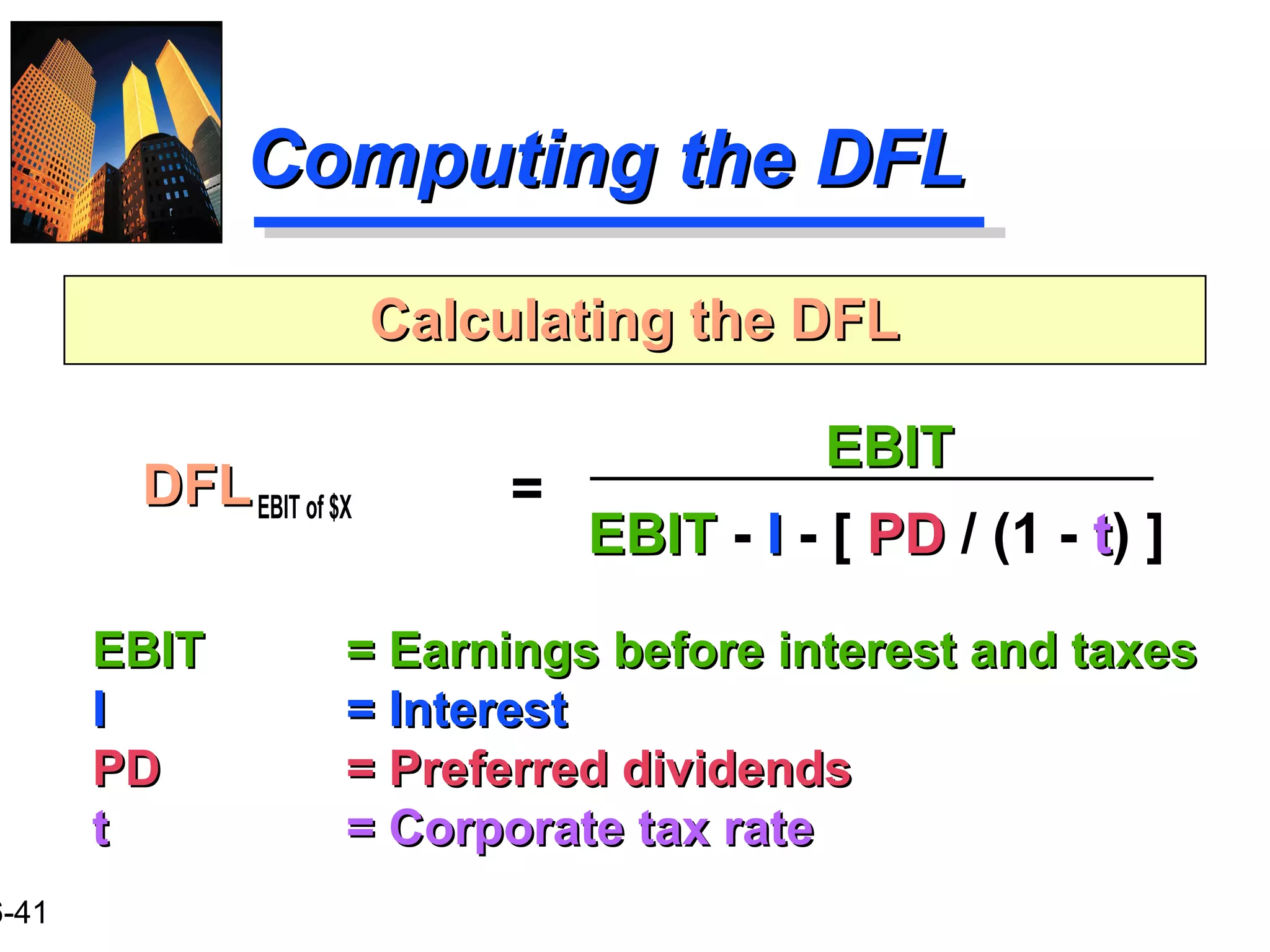 6-41
Computing the DFLComputing the DFL
DFLDFLEBIT of $X
Calculating the DFLCalculating the DFL
=
EBITEBIT
EBITEBIT - II - [ PDPD / (1 - tt) ]
EBITEBIT = Earnings before interest and taxes= Earnings before interest and taxes
II = Interest= Interest
PDPD = Preferred dividends= Preferred dividends
tt = Corporate tax rate= Corporate tax rate
 