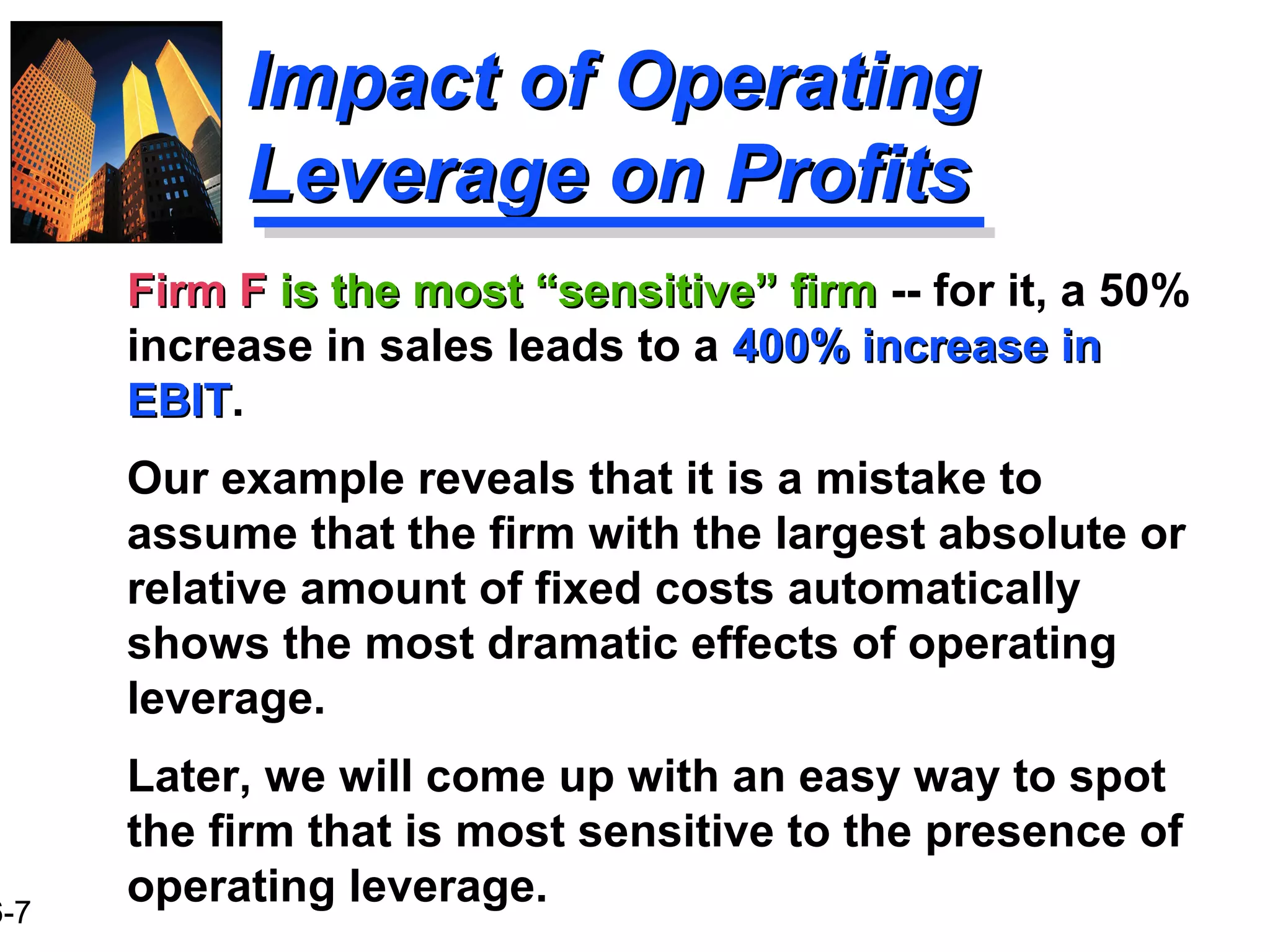 6-7
Impact of OperatingImpact of Operating
Leverage on ProfitsLeverage on Profits
Firm FFirm F is the most “sensitive” firmis the most “sensitive” firm -- for it, a 50%
increase in sales leads to a 400% increase in400% increase in
EBITEBIT.
Our example reveals that it is a mistake to
assume that the firm with the largest absolute or
relative amount of fixed costs automatically
shows the most dramatic effects of operating
leverage.
Later, we will come up with an easy way to spot
the firm that is most sensitive to the presence of
operating leverage.
 