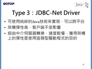 Type 3：JDBC-Net Driver
• 可使用純綷的Java技術來實現，可以跨平台
• 架構彈性高，客戶端不受影響
• 經由中介伺服器轉換，速度較慢，獲得架構
上的彈性是使用這類型驅動程式的目的
16
 