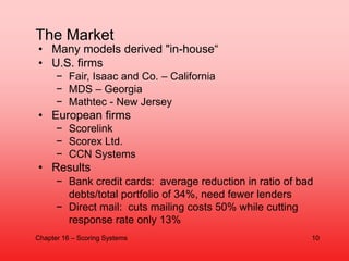 • Many models derived "in-house“
• U.S. firms
− Fair, Isaac and Co. – California
− MDS – Georgia
− Mathtec - New Jersey
• ...