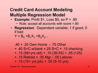 • Example: Profit $1, Loss $9, so P = .90
− Rule: accept all accounts with score >.90
• Regression: Dependent variable: 1 ...