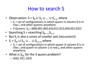 How to search S
• Observation: S = S0 ∪ S1 ∪ … ∪ Sn-1, where
– Si = set of configurations in which queen in column 0 is in
row i, and other queens anywhere.
– 3 Queens: S0 = {000,001,002,010,011,012,020,021,022}
• Searching S = searching S0,…,Sn-1.
• But Si is also a union of smaller sets (recursion!):
• Si = Si0 ∪ Si1 ∪ … ∪ Si,n-1, where
– Sij = set of configurations in which queen in column 0 is in
row i, and queen in column 1 in row j, and other queens
anywhere.
• What is S02 for the 3 queen problem?
– {020, 021, 022}
 