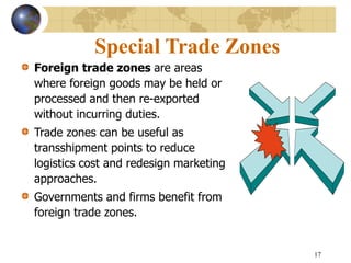 17
Special Trade Zones
Foreign trade zones are areas
where foreign goods may be held or
processed and then re-exported
without incurring duties.
Trade zones can be useful as
transshipment points to reduce
logistics cost and redesign marketing
approaches.
Governments and firms benefit from
foreign trade zones.
 