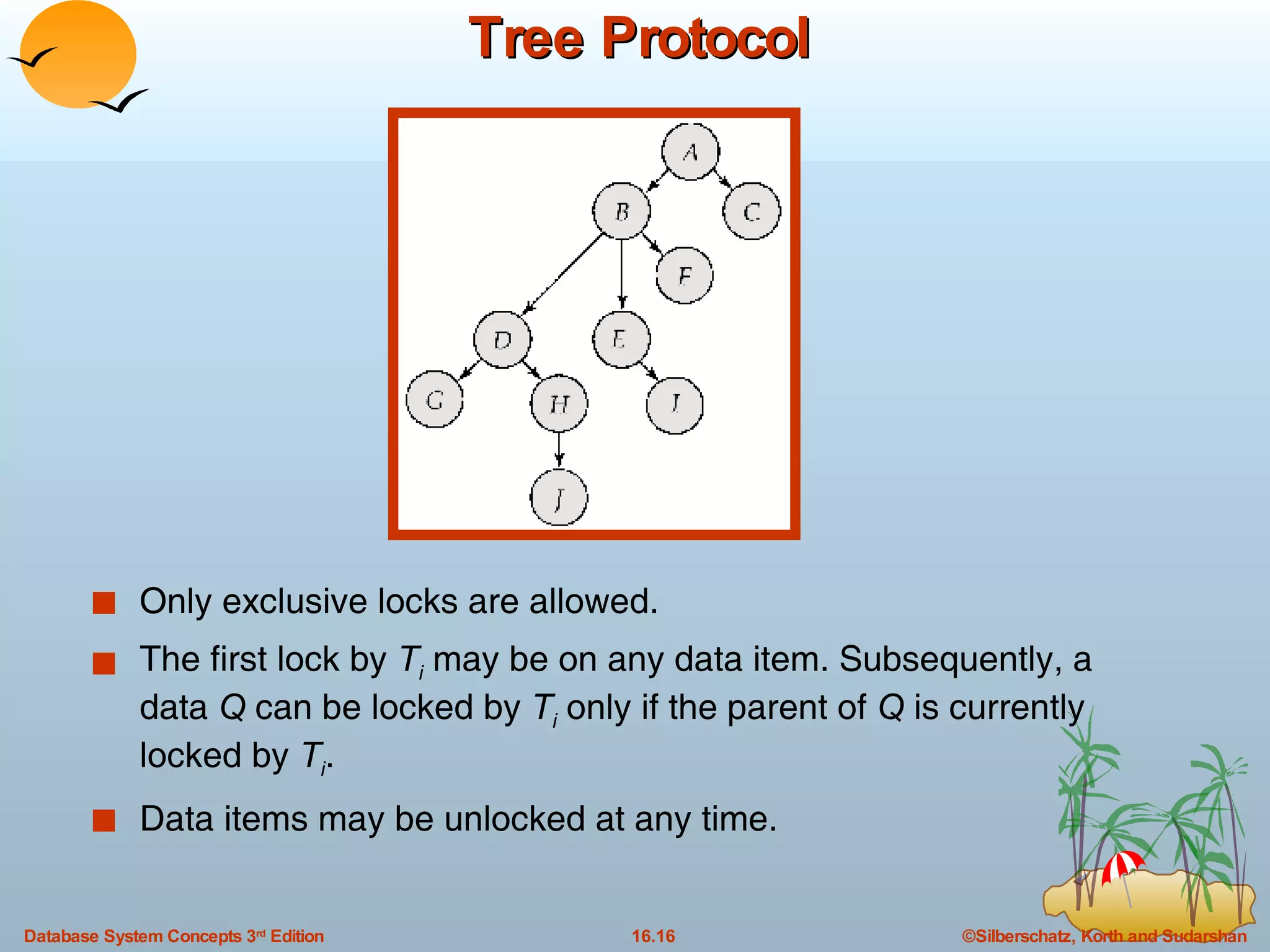 Tree Protocol Only exclusive locks are allowed. The first lock by  T i  may be on any data item. Subsequently, a data  Q  can be locked by  T i  only if the parent of  Q  is currently locked by  T i . Data items may be unlocked at any time. 