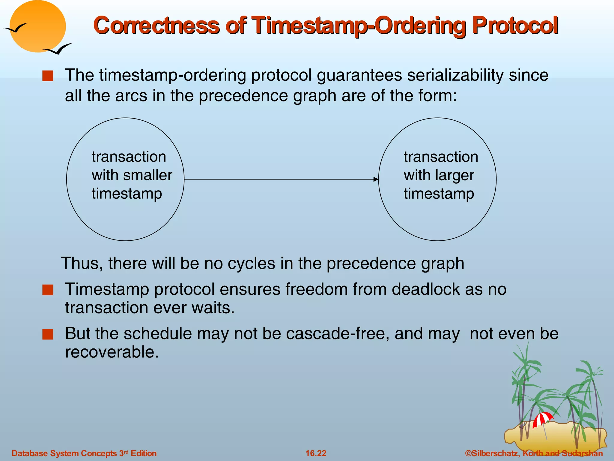 Correctness of Timestamp-Ordering Protocol The timestamp-ordering protocol guarantees serializability since all the arcs in the precedence graph are of the form: Thus, there will be no cycles in the precedence graph Timestamp protocol ensures freedom from deadlock as no transaction ever waits.  But the schedule may not be cascade-free, and may  not even be recoverable. transaction with smaller timestamp transaction with larger timestamp  