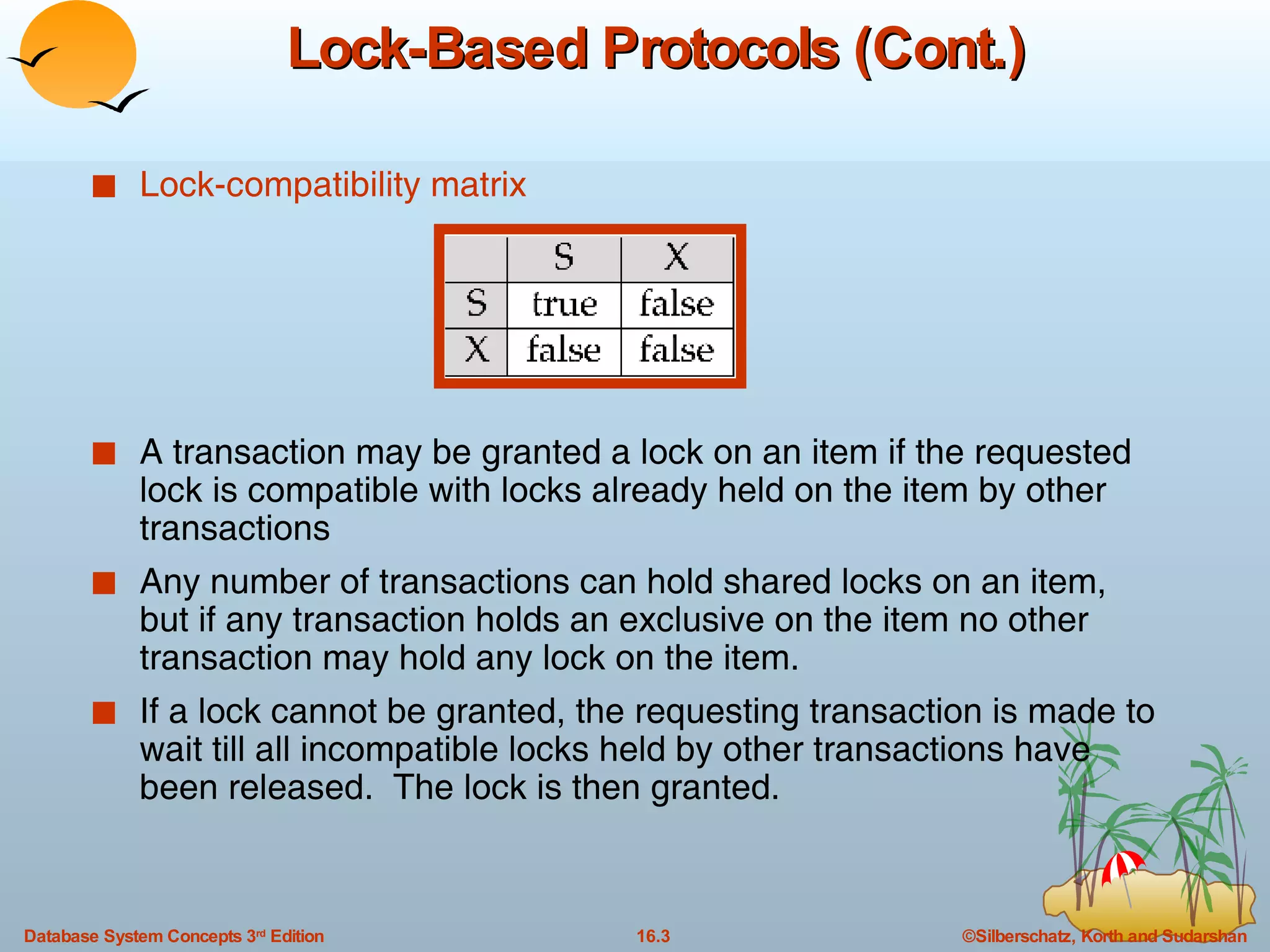 Lock-Based Protocols (Cont.) Lock-compatibility matrix A transaction may be granted a lock on an item if the requested lock is compatible with locks already held on the item by other transactions Any number of transactions can hold shared locks on an item, but if any transaction holds an exclusive on the item no other transaction may hold any lock on the item. If a lock cannot be granted, the requesting transaction is made to wait till all incompatible locks held by other transactions have been released.  The lock is then granted. 