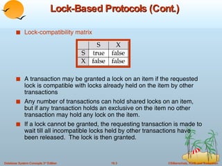 Lock-Based Protocols (Cont.) Lock-compatibility matrix A transaction may be granted a lock on an item if the requested lock is compatible with locks already held on the item by other transactions Any number of transactions can hold shared locks on an item, but if any transaction holds an exclusive on the item no other transaction may hold any lock on the item. If a lock cannot be granted, the requesting transaction is made to wait till all incompatible locks held by other transactions have been released.  The lock is then granted. 