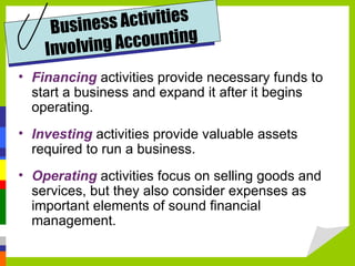 Business  Activities
    Involving Accounting
• Financing activities provide necessary funds to
  start a business and expand it after it begins
  operating.
• Investing activities provide valuable assets
  required to run a business.
• Operating activities focus on selling goods and
  services, but they also consider expenses as
  important elements of sound financial
  management.
 