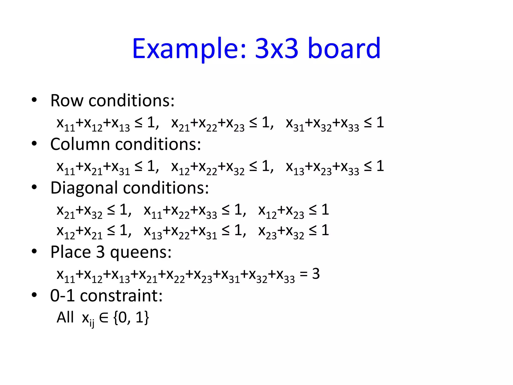 Example: 3x3 board
• Row conditions:
x11+x12+x13 ≤ 1, x21+x22+x23 ≤ 1, x31+x32+x33 ≤ 1
• Column conditions:
x11+x21+x31 ≤ 1, x12+x22+x32 ≤ 1, x13+x23+x33 ≤ 1
• Diagonal conditions:
x21+x32 ≤ 1, x11+x22+x33 ≤ 1, x12+x23 ≤ 1
x12+x21 ≤ 1, x13+x22+x31 ≤ 1, x23+x32 ≤ 1
• Place 3 queens:
x11+x12+x13+x21+x22+x23+x31+x32+x33 = 3
• 0-1 constraint:
All xij ∈ {0, 1}
 