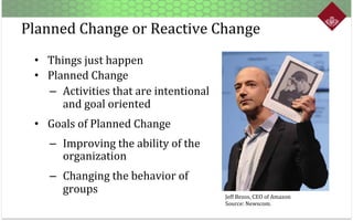 Planned	
  Change	
  or	
  Reactive	
  Change
•  Things	
  just	
  happen	
  
•  Planned	
  Change	
  
–  Activities	
  th...
