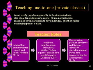 12
Teaching one-to-one (private classes)
MR. VATH VARY
is extremely popular, especially for business students;
also ideal for students who cannot fit into normal school
schedules or who are keen to have individual attention rather
than being part of a class.
counsellor,
communicator
, coach and
tutor (Tomalin
2011).
teachers,
interlocutors,
therapists,
mother/father
figures, friends and
confidant(e)s
(Osborne 2007),
Conversation
partner, observer
and listener,
feedback
provider, mentor,
guide and
learner to the list
(Wisniewska
2010).
Teacher Roles
 