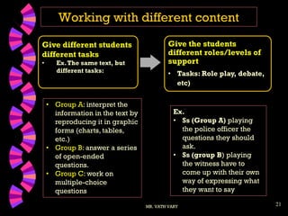 21
Working with different content
MR. VATH VARY
Give different students
different tasks
• Ex.The same text, but
different tasks:
Give the students
different roles/levels of
support
• Tasks: Role play, debate,
etc)
Ex.
• Ss (Group A) playing
the police officer the
questions they should
ask.
• Ss (group B) playing
the witness have to
come up with their own
way of expressing what
they want to say
• Group A: interpret the
information in the text by
reproducing it in graphic
forms (charts, tables,
etc.)
• Group B: answer a series
of open-ended
questions.
• Group C: work on
multiple-choice
questions
 