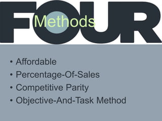 Methods
• Affordable
• Percentage-Of-Sales
• Competitive Parity
• Objective-And-Task Method
 