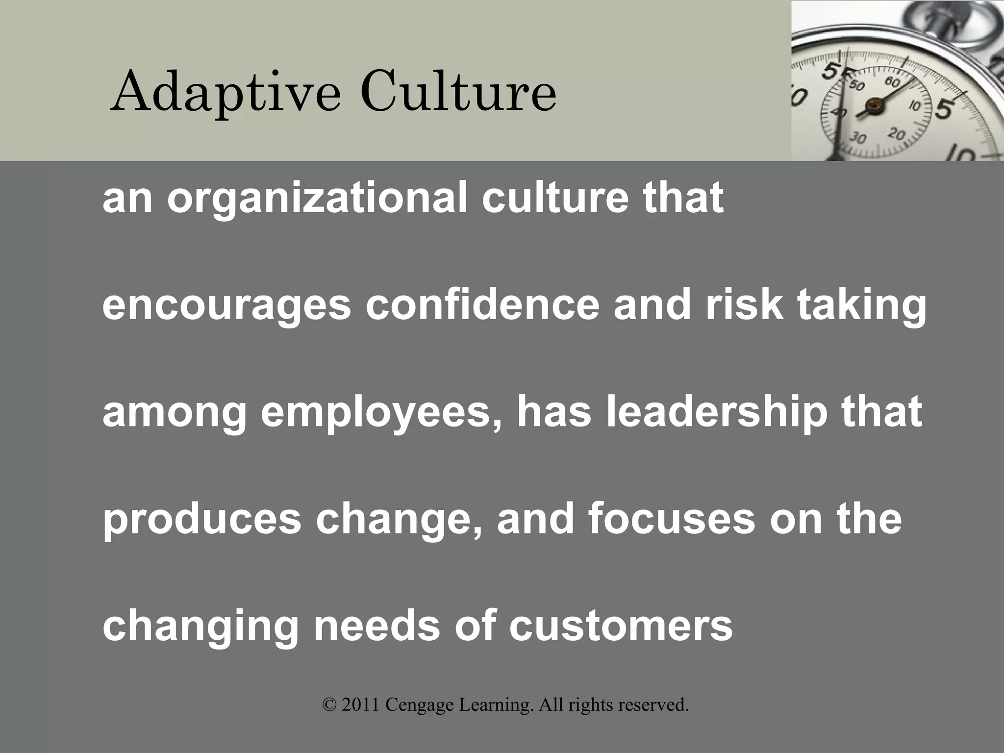© 2011 Cengage Learning. All rights reserved.
Adaptive Culture
an organizational culture that
encourages confidence and risk taking
among employees, has leadership that
produces change, and focuses on the
changing needs of customers
 