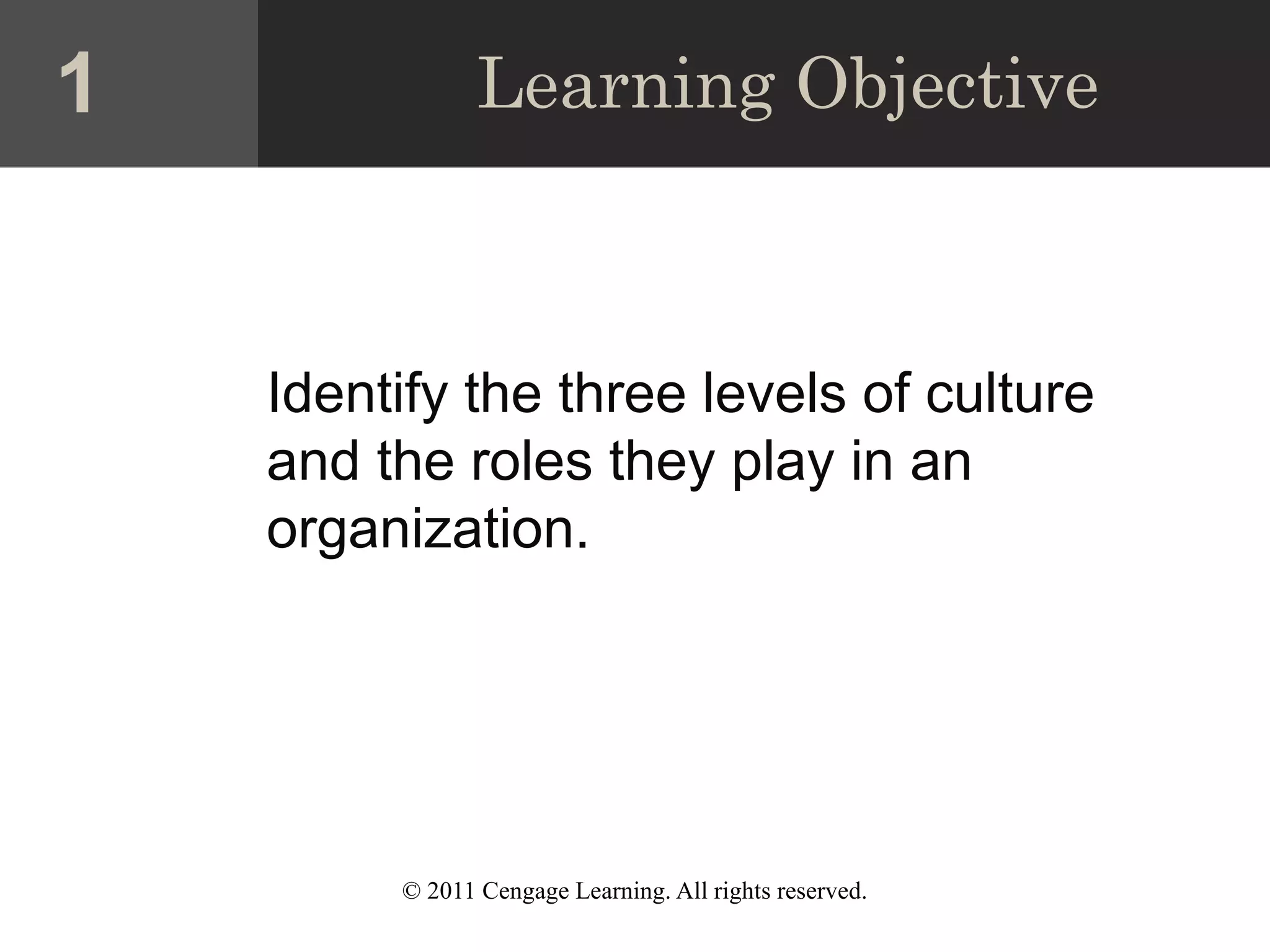 © 2011 Cengage Learning. All rights reserved.
Learning Objective
Identify the three levels of culture
and the roles they play in an
organization.
1
 