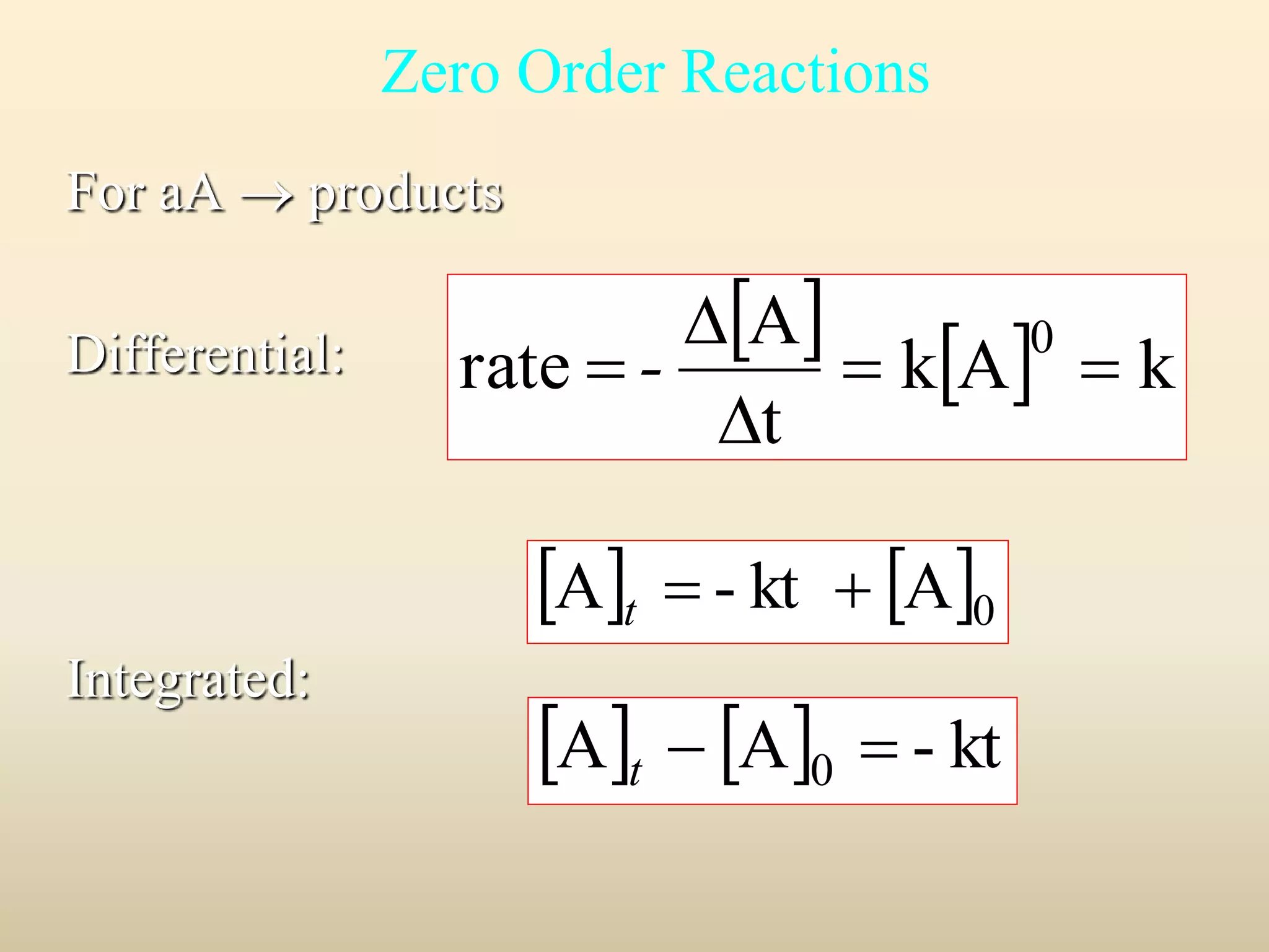 Zero Order Reactions 
For aA  products 
Differential: 
Integrated: 
  
rate 0   
kA k 
A 
 
t 
 
 - 
   0 A  - kt  A t 
A A - kt 0   t 
 