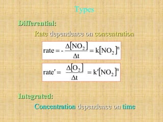 Types 
Differential: 
Rate dependence on concentration 
 
 - 
rate  
 
rate   
Integrated: 
  
 n 
2 
NO 
2 k NO 
t 
 
  
 n 
2 
O 
2 k NO 
t 
 
  
Concentration dependence on time 
 