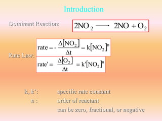 Introduction 
Dominant Reaction: 
Rate Law: 
2 2 2NO 2NO  O 
  
 n 
2 
NO 
2 k NO 
t 
 
rate  
 
O 
k, k’: specific rate constant 
n : order of reactant 
can be zero, fractional, or negative 
 - 
  
 n 
2 
2 k NO 
t 
rate   
 
 
  
 