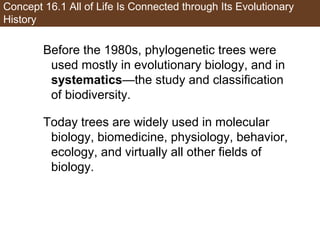 Concept 16.1 All of Life Is Connected through Its Evolutionary
History
Before the 1980s, phylogenetic trees were
used mostly in evolutionary biology, and in
systematics—the study and classification
of biodiversity.
Today trees are widely used in molecular
biology, biomedicine, physiology, behavior,
ecology, and virtually all other fields of
biology.
 