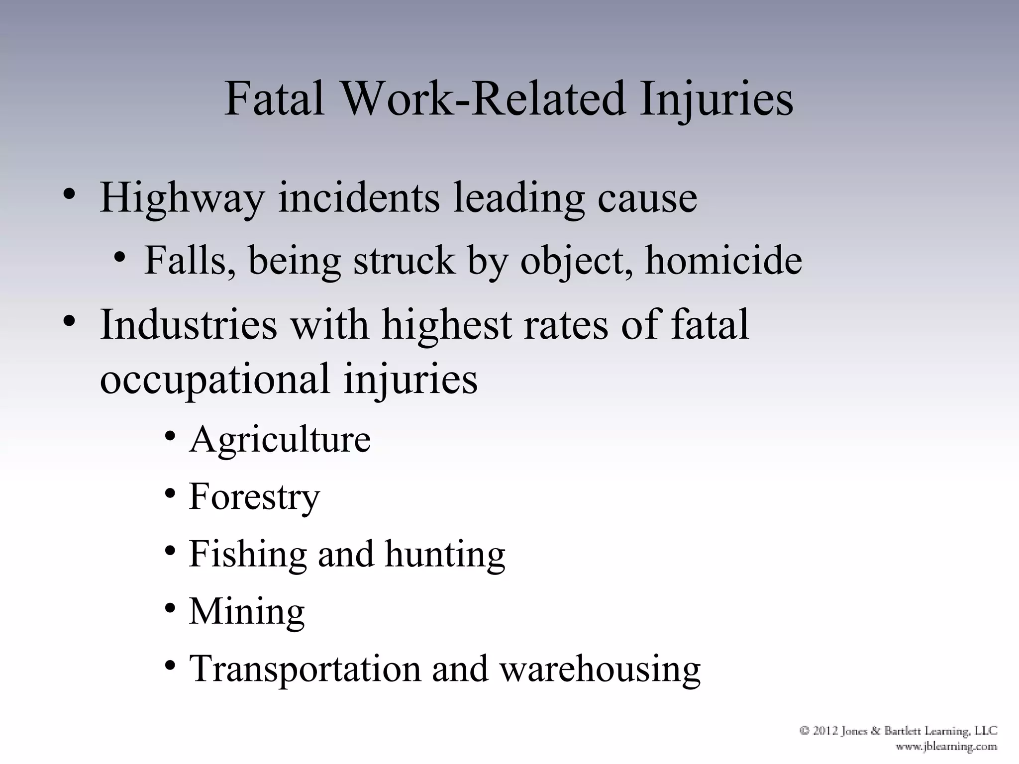 Fatal Work-Related Injuries
• Highway incidents leading cause
  • Falls, being struck by object, homicide
• Industries with highest rates of fatal
  occupational injuries
     • Agriculture
     • Forestry
     • Fishing and hunting
     • Mining
     • Transportation and warehousing
 