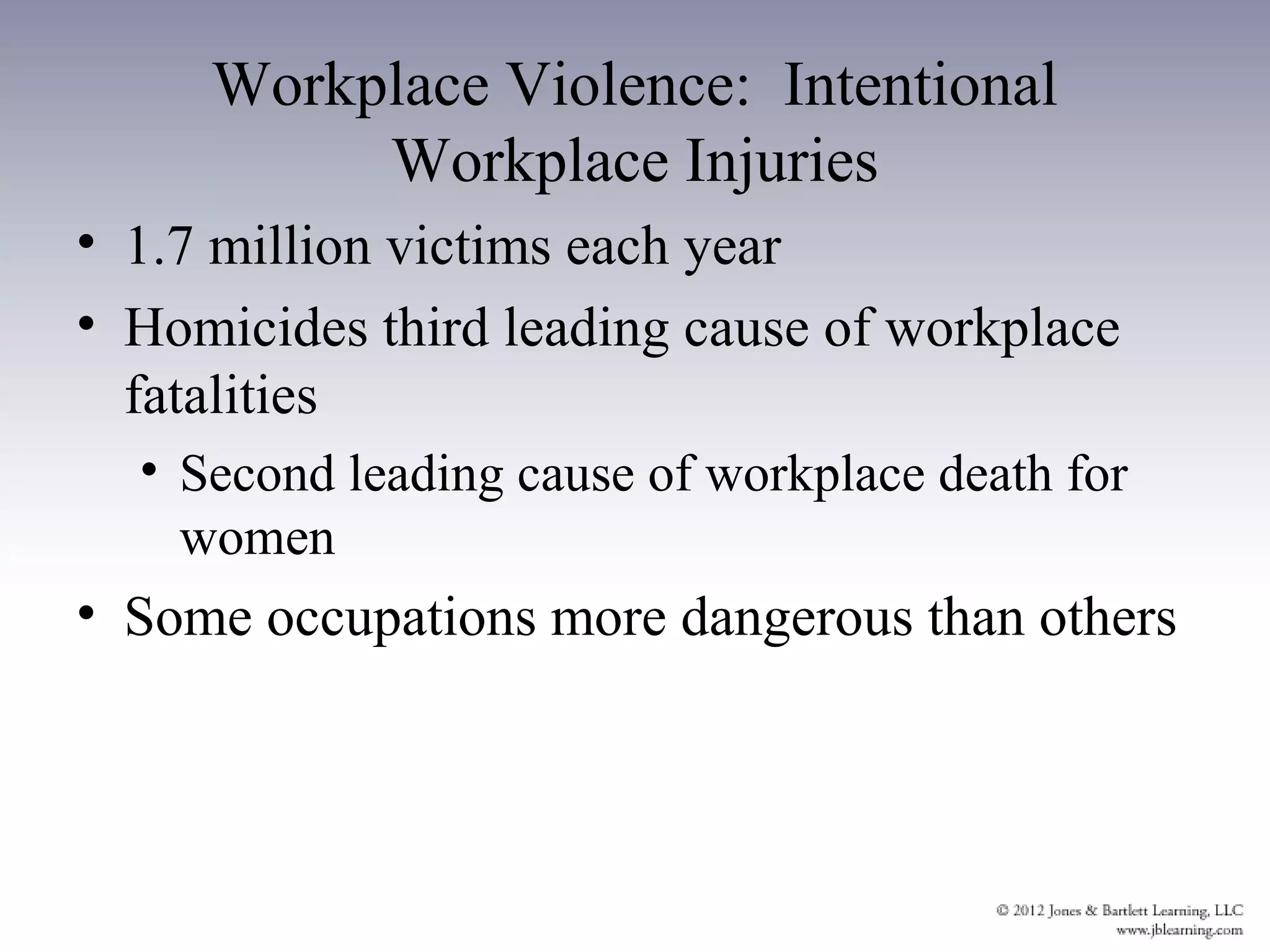 Workplace Violence: Intentional
          Workplace Injuries
• 1.7 million victims each year
• Homicides third leading cause of workplace
  fatalities
  • Second leading cause of workplace death for
    women
• Some occupations more dangerous than others
 