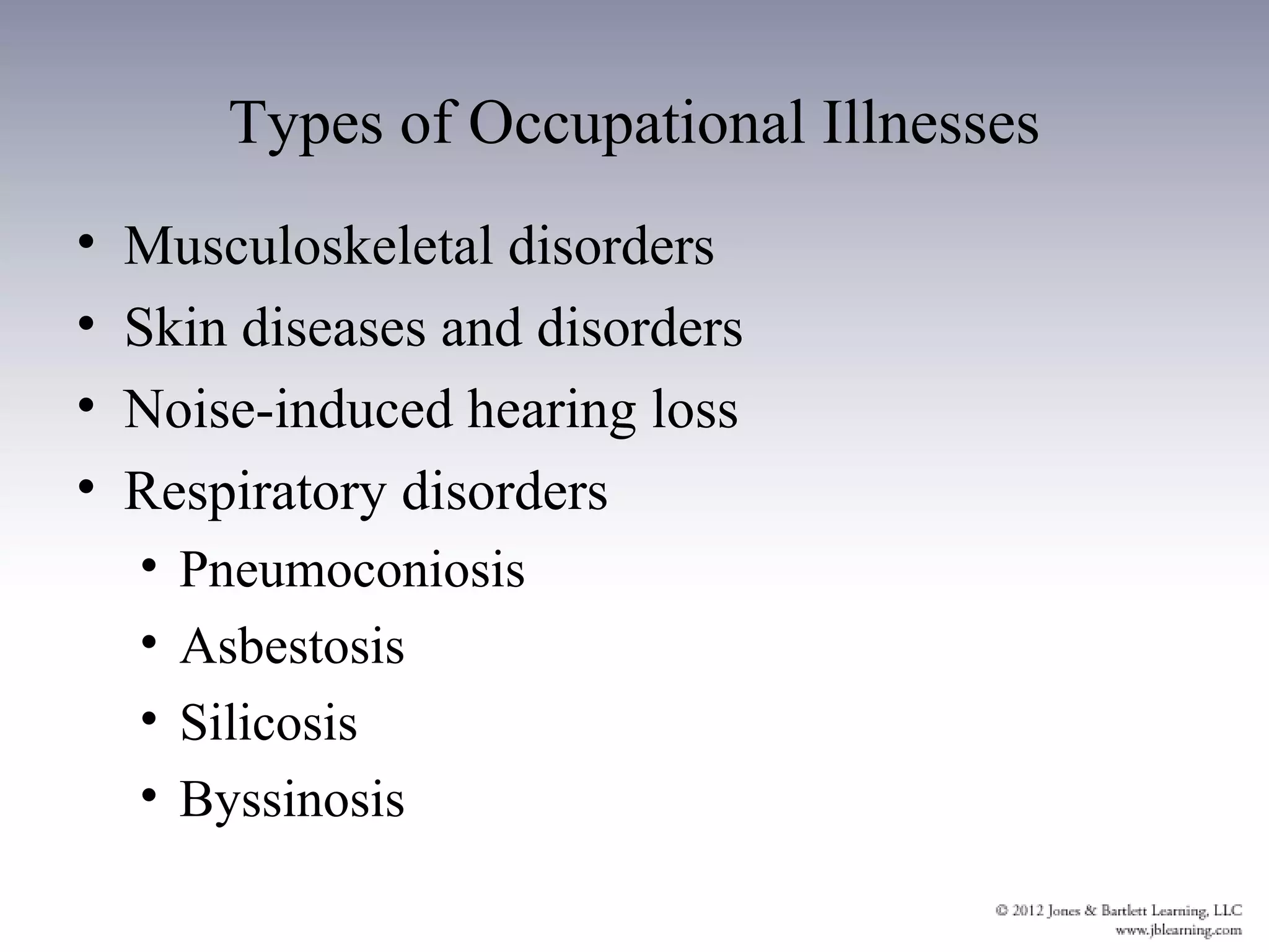 Types of Occupational Illnesses
•   Musculoskeletal disorders
•   Skin diseases and disorders
•   Noise-induced hearing loss
•   Respiratory disorders
    •   Pneumoconiosis
    •   Asbestosis
    •   Silicosis
    •   Byssinosis
 