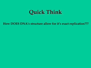 Quick Think
How DOES DNA’s structure allow for it’s exact replication???

 