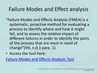 Failure Modes and Effect analysis
“Failure Modes and Effects Analysis (FMEA) is a
systematic, proactive method for evaluating a
process to identify where and how it might
fail, and to assess the relative impact of
different failures in order to identify the parts
of the process that are most in need of
change”(IHI, n.d.1 para. 1).
• Access the tool here:
Failure Modes and Effects Analysis Tool
 