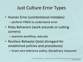 Just Culture Error Types
• Human Error (unintentional mistakes)
– perform FMEA to understand error
• Risky Behaviors (work arounds or cutting
corners)
– examine workflow; educate
• Reckless Behavior (total disregard for
established policies and procedures)
– Enact zero tolerance policy; disciplinary measures
 