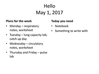 Hello
May 1, 2017
Plans for the week
• Monday – respiratory
notes, worksheet
• Tuesday – lung capacity lab;
catch up day
• Wednesday – circulatory
notes, worksheet
• Thursday and Friday – pulse
lab
Today you need
• Notebook
• Something to write with
 