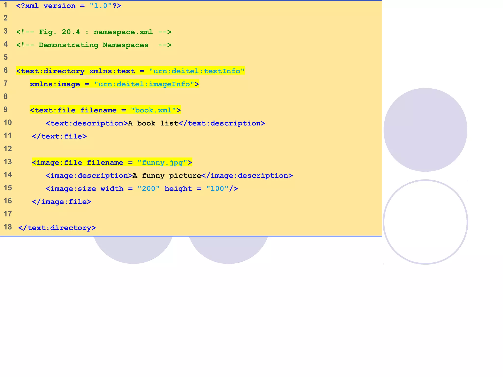 namespace.xml
(1 of 1)
1 <?xml version = "1.0"?>
2
3 <!-- Fig. 20.4 : namespace.xml -->
4 <!-- Demonstrating Namespaces -->
5
6 <text:directory xmlns:text = "urn:deitel:textInfo"
7 xmlns:image = "urn:deitel:imageInfo">
8
9 <text:file filename = "book.xml">
10 <text:description>A book list</text:description>
11 </text:file>
12
13 <image:file filename = "funny.jpg">
14 <image:description>A funny picture</image:description>
15 <image:size width = "200" height = "100"/>
16 </image:file>
17
18 </text:directory>
 