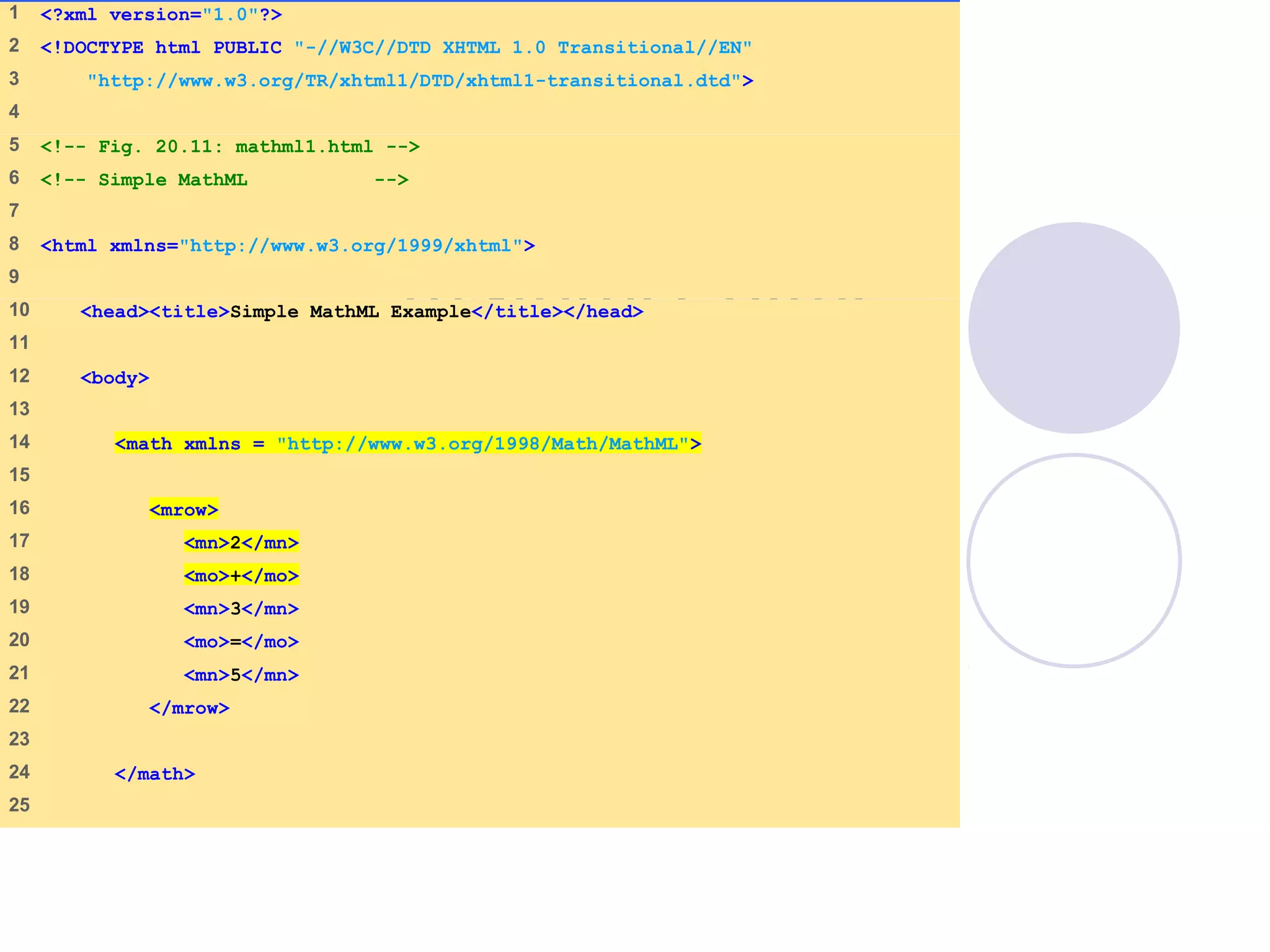 mathml1.html
(1 of 2)
1 <?xml version="1.0"?>
2 <!DOCTYPE html PUBLIC "-//W3C//DTD XHTML 1.0 Transitional//EN"
3 "http://www.w3.org/TR/xhtml1/DTD/xhtml1-transitional.dtd">
4
5 <!-- Fig. 20.11: mathml1.html -->
6 <!-- Simple MathML -->
7
8 <html xmlns="http://www.w3.org/1999/xhtml">
9
10 <head><title>Simple MathML Example</title></head>
11
12 <body>
13
14 <math xmlns = "http://www.w3.org/1998/Math/MathML">
15
16 <mrow>
17 <mn>2</mn>
18 <mo>+</mo>
19 <mn>3</mn>
20 <mo>=</mo>
21 <mn>5</mn>
22 </mrow>
23
24 </math>
25
 