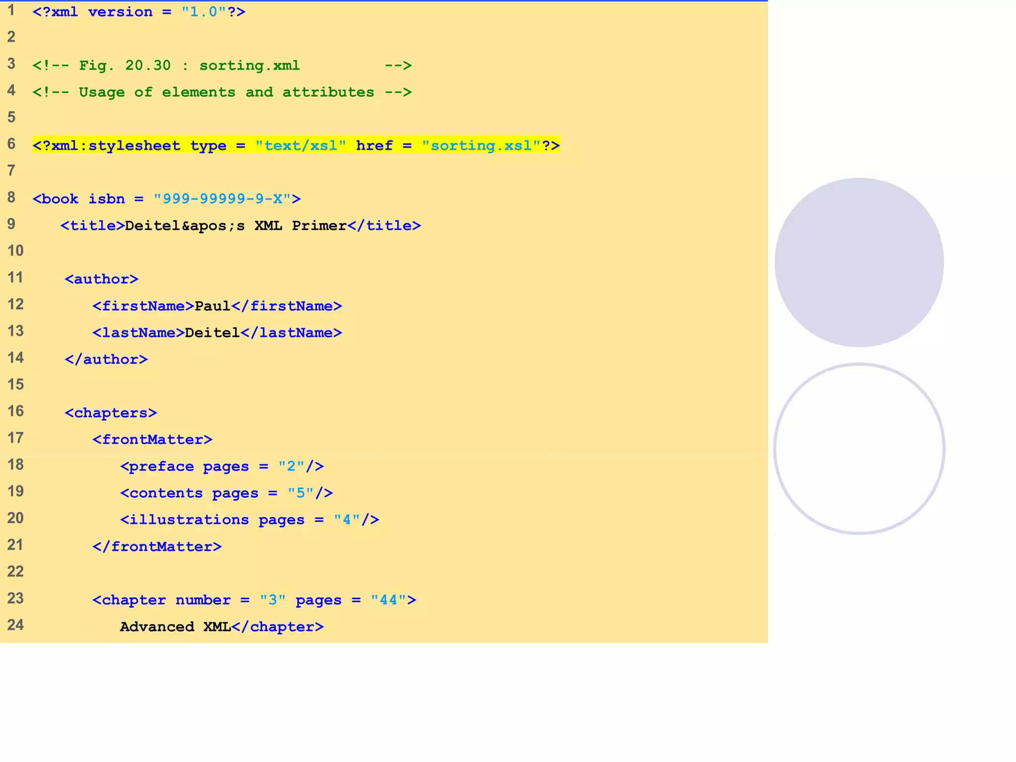 sorting.html
(1 of 2)
1 <?xml version = "1.0"?>
2
3 <!-- Fig. 20.30 : sorting.xml -->
4 <!-- Usage of elements and attributes -->
5
6 <?xml:stylesheet type = "text/xsl" href = "sorting.xsl"?>
7
8 <book isbn = "999-99999-9-X">
9 <title>Deitel's XML Primer</title>
10
11 <author>
12 <firstName>Paul</firstName>
13 <lastName>Deitel</lastName>
14 </author>
15
16 <chapters>
17 <frontMatter>
18 <preface pages = "2"/>
19 <contents pages = "5"/>
20 <illustrations pages = "4"/>
21 </frontMatter>
22
23 <chapter number = "3" pages = "44">
24 Advanced XML</chapter>
 