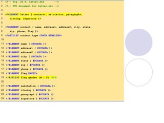 letter.dtd
(1 of 1)
1 <!-- Fig. 20.6: letter.dtd -->
2 <!-- DTD document for letter.xml -->
3
4 <!ELEMENT letter ( contact+, salutation, paragraph+,
5 closing, signature )>
6
7 <!ELEMENT contact ( name, address1, address2, city, state,
8 zip, phone, flag )>
9 <!ATTLIST contact type CDATA #IMPLIED>
10
11 <!ELEMENT name ( #PCDATA )>
12 <!ELEMENT address1 ( #PCDATA )>
13 <!ELEMENT address2 ( #PCDATA )>
14 <!ELEMENT city ( #PCDATA )>
15 <!ELEMENT state ( #PCDATA )>
16 <!ELEMENT zip ( #PCDATA )>
17 <!ELEMENT phone ( #PCDATA )>
18 <!ELEMENT flag EMPTY>
19 <!ATTLIST flag gender (M | F) "M">
20
21 <!ELEMENT salutation ( #PCDATA )>
22 <!ELEMENT closing ( #PCDATA )>
23 <!ELEMENT paragraph ( #PCDATA )>
24 <!ELEMENT signature ( #PCDATA )>
 