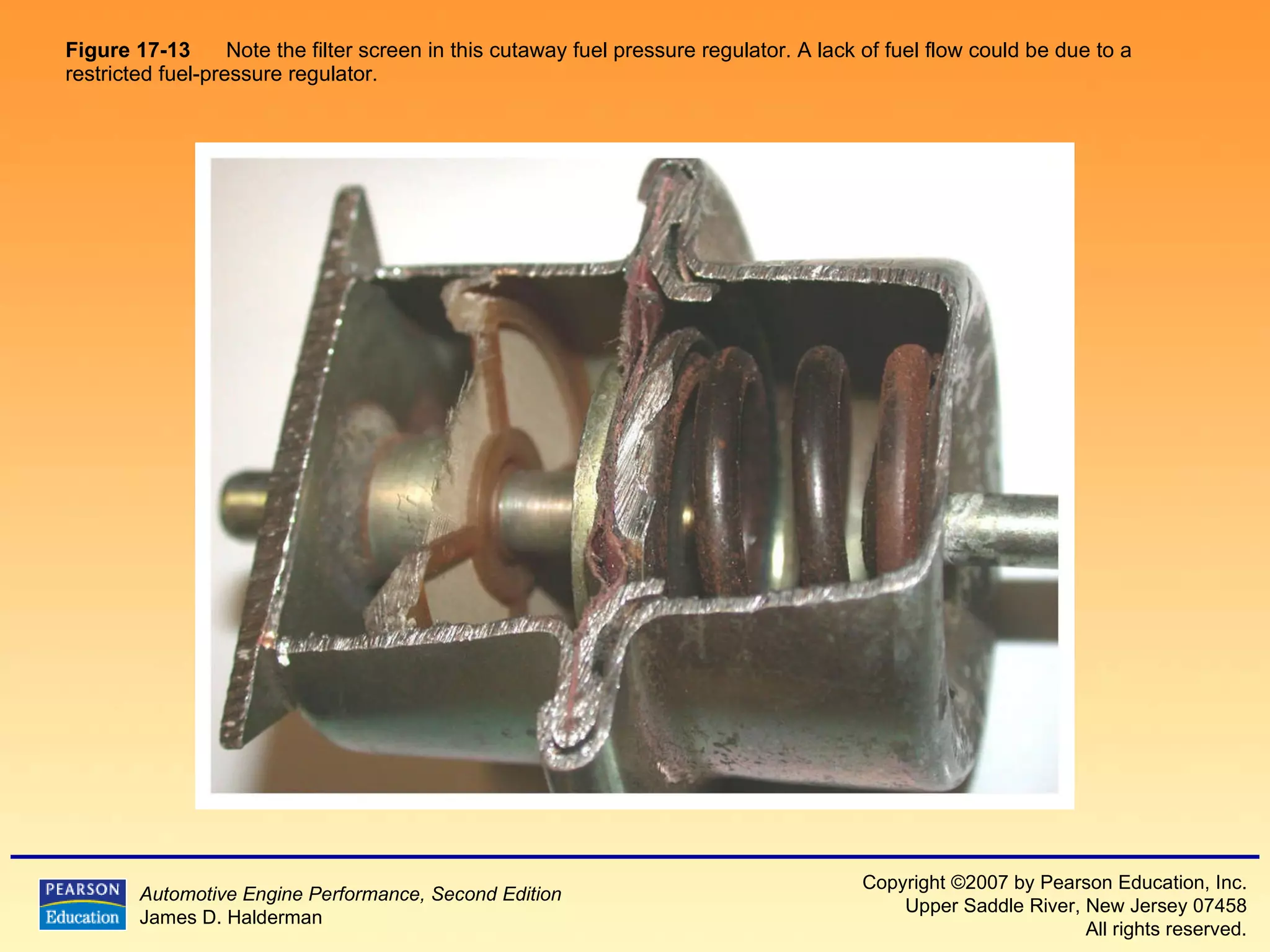 Figure 17-13   Note the filter screen in this cutaway fuel pressure regulator. A lack of fuel flow could be due to a restricted fuel-pressure regulator. 