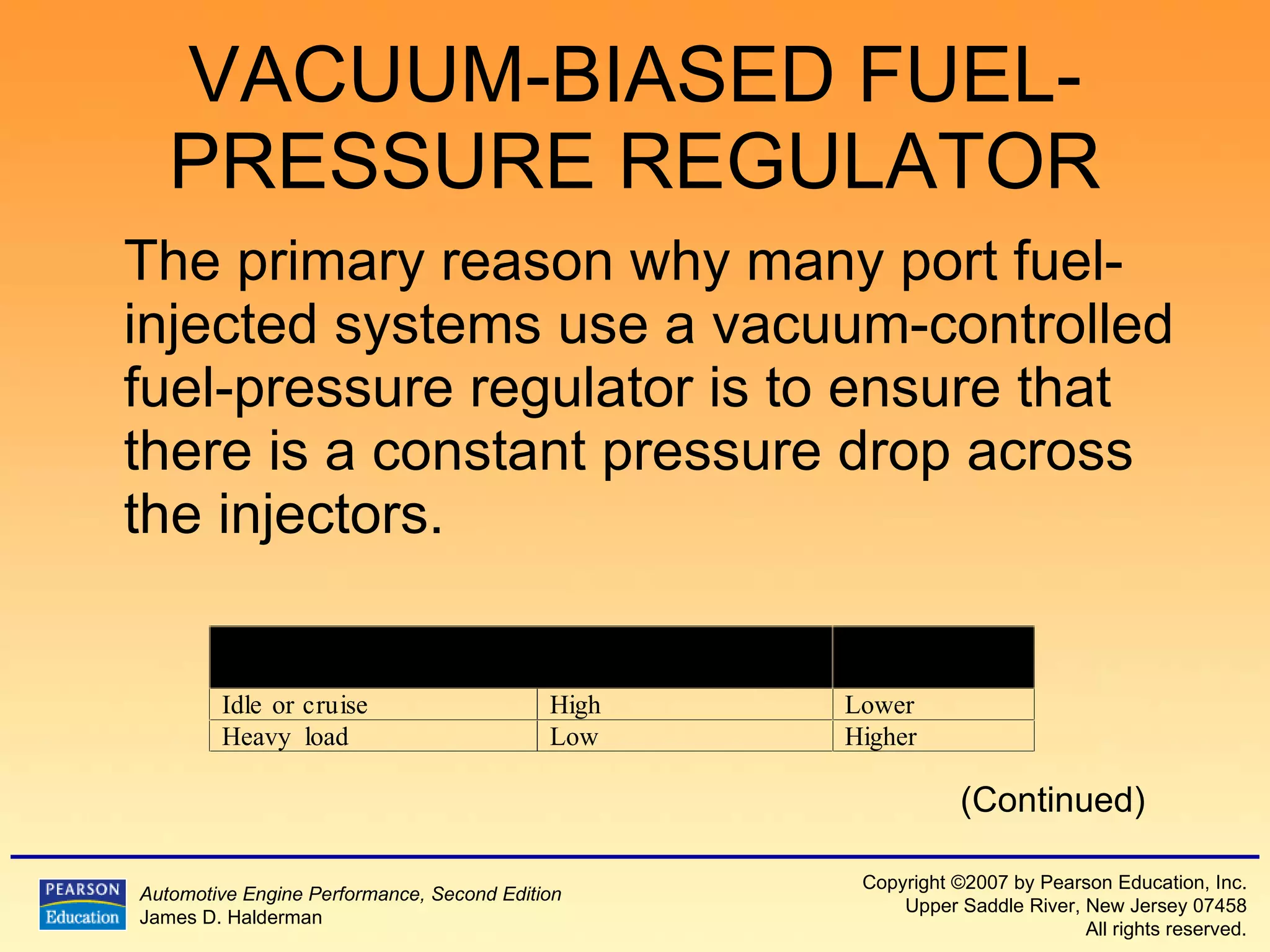 VACUUM-BIASED FUEL-PRESSURE REGULATOR The primary reason why many port fuel-injected systems use a vacuum-controlled fuel-pressure regulator is to ensure that there is a constant pressure drop across the injectors. (Continued) 