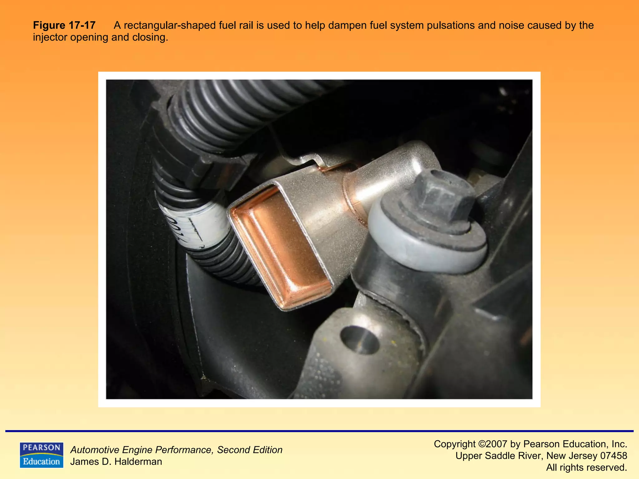 Figure 17-17   A rectangular-shaped fuel rail is used to help dampen fuel system pulsations and noise caused by the injector opening and closing.  