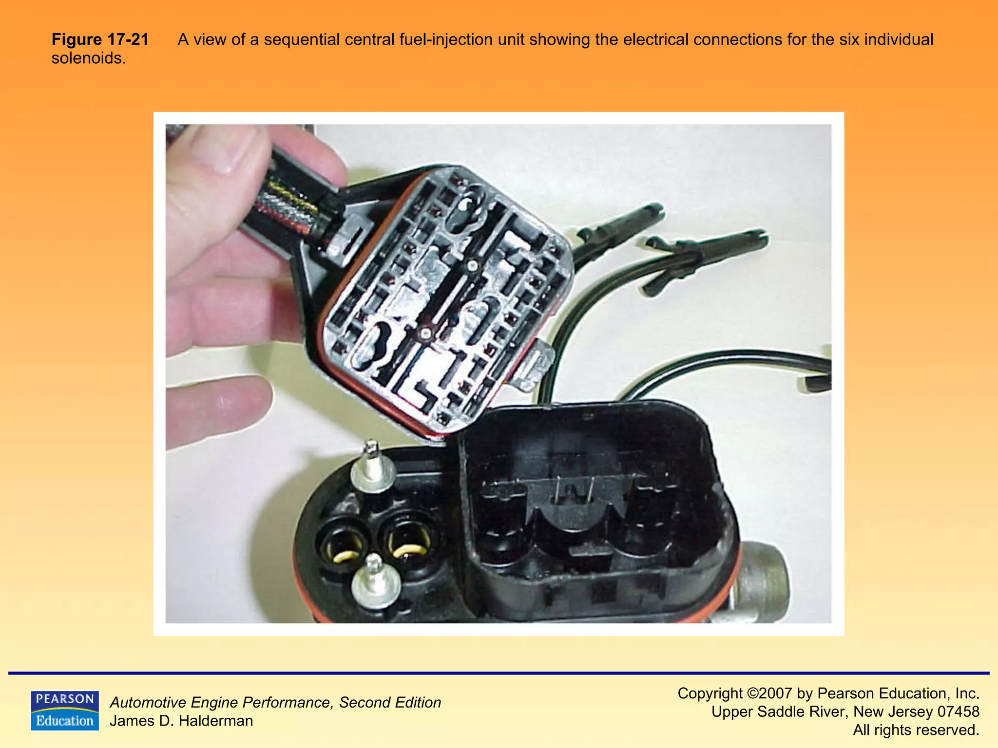 Figure 17-21   A view of a sequential central fuel-injection unit showing the electrical connections for the six individual solenoids.  