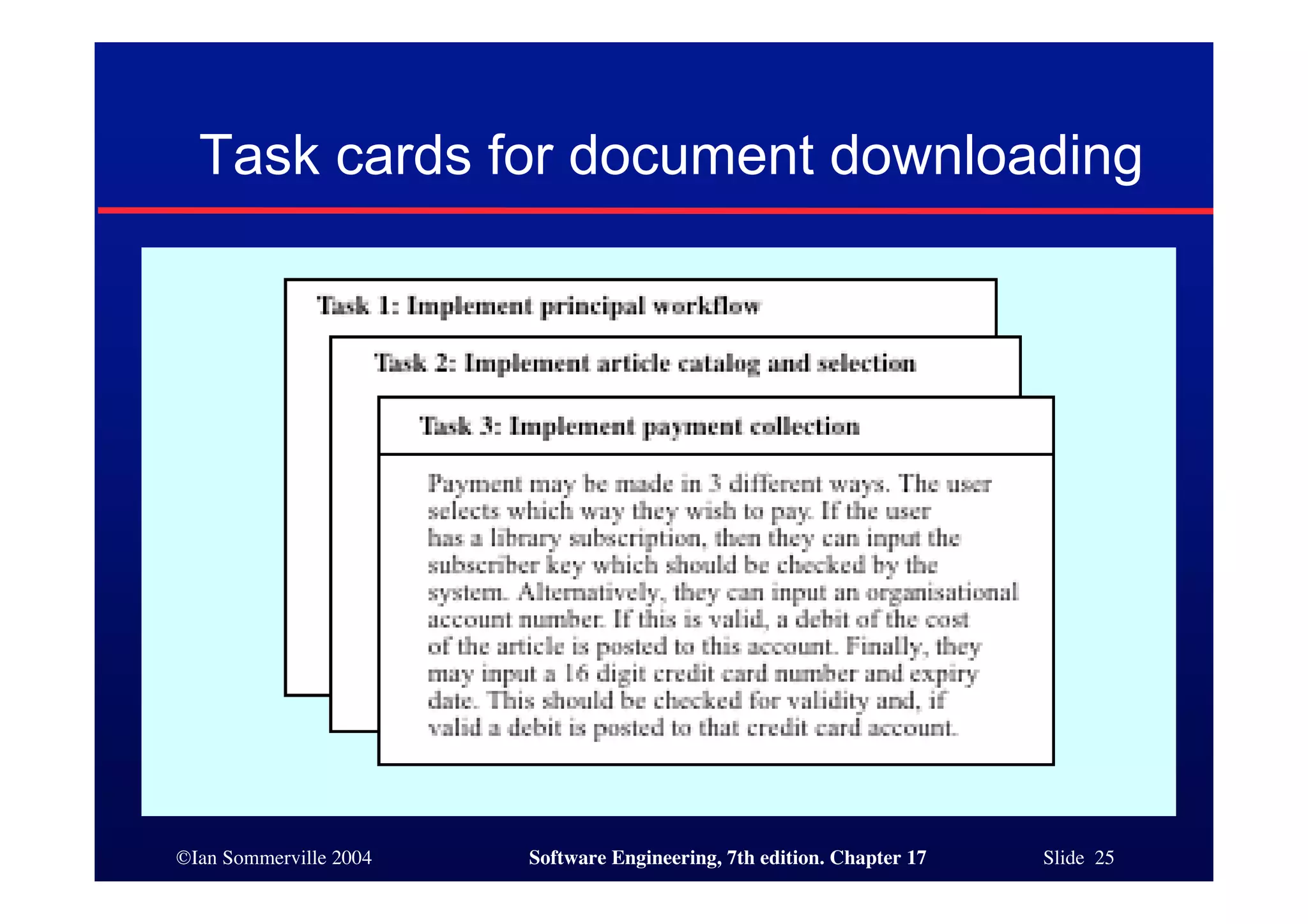 ©Ian Sommerville 2004 Software Engineering, 7th edition. Chapter 17 Slide 25
Task cards for document downloading
 