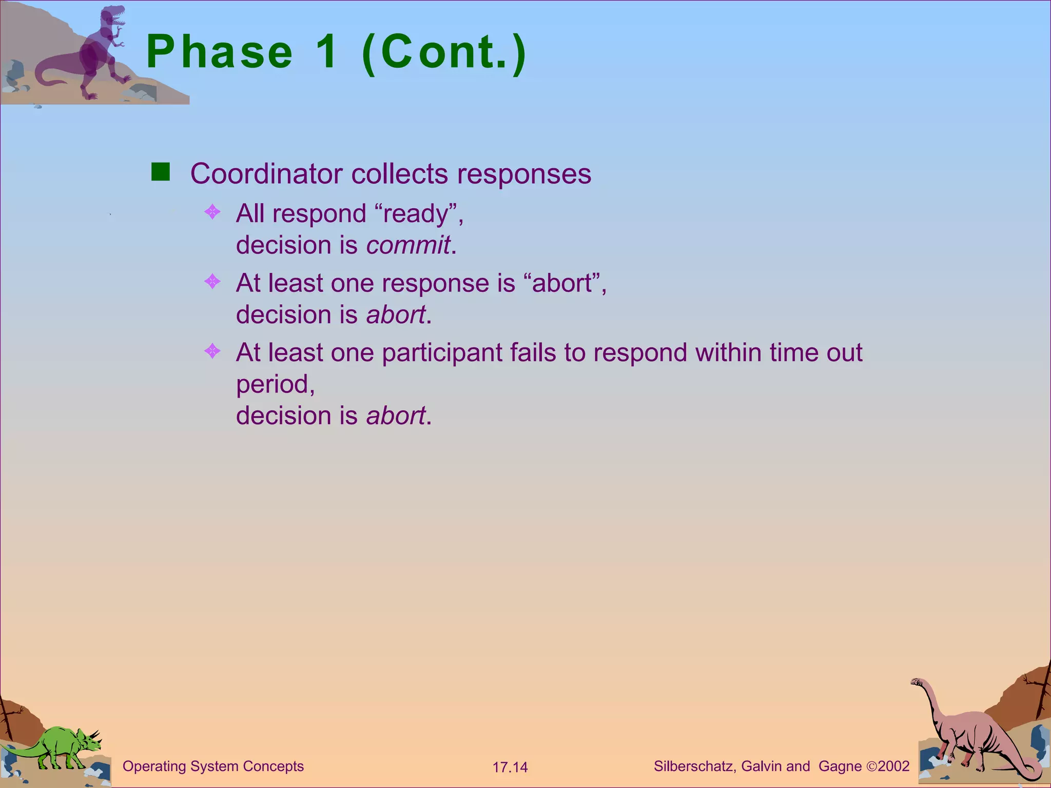 Phase 1 (Cont.) Coordinator collects responses All respond &ldquo;ready&rdquo;,  decision is  commit . At least one response is &ldquo;abort&rdquo;, decision is  abort .  At least one participant fails to respond within time out period, decision is  abort .  