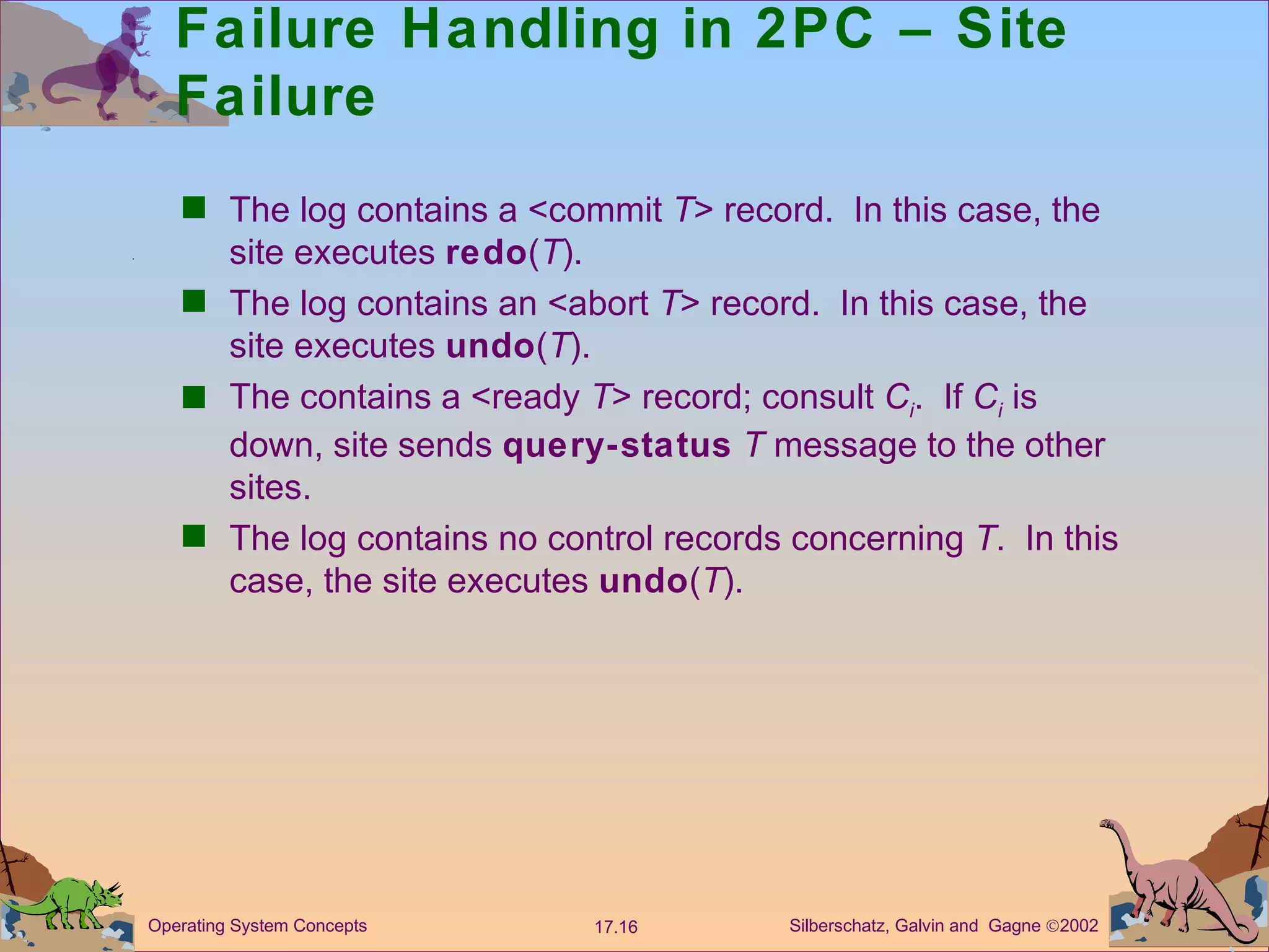 Failure Handling in 2PC &ndash; Site Failure The log contains a <commit  T > record.  In this case, the site executes  redo ( T ). The log contains an <abort  T > record.  In this case, the site executes  undo ( T ). The contains a <ready  T > record; consult  C i .  If  C i  is down, site sends  query-status   T  message to the other sites. The log contains no control records concerning  T .  In this case, the site executes  undo ( T ). 