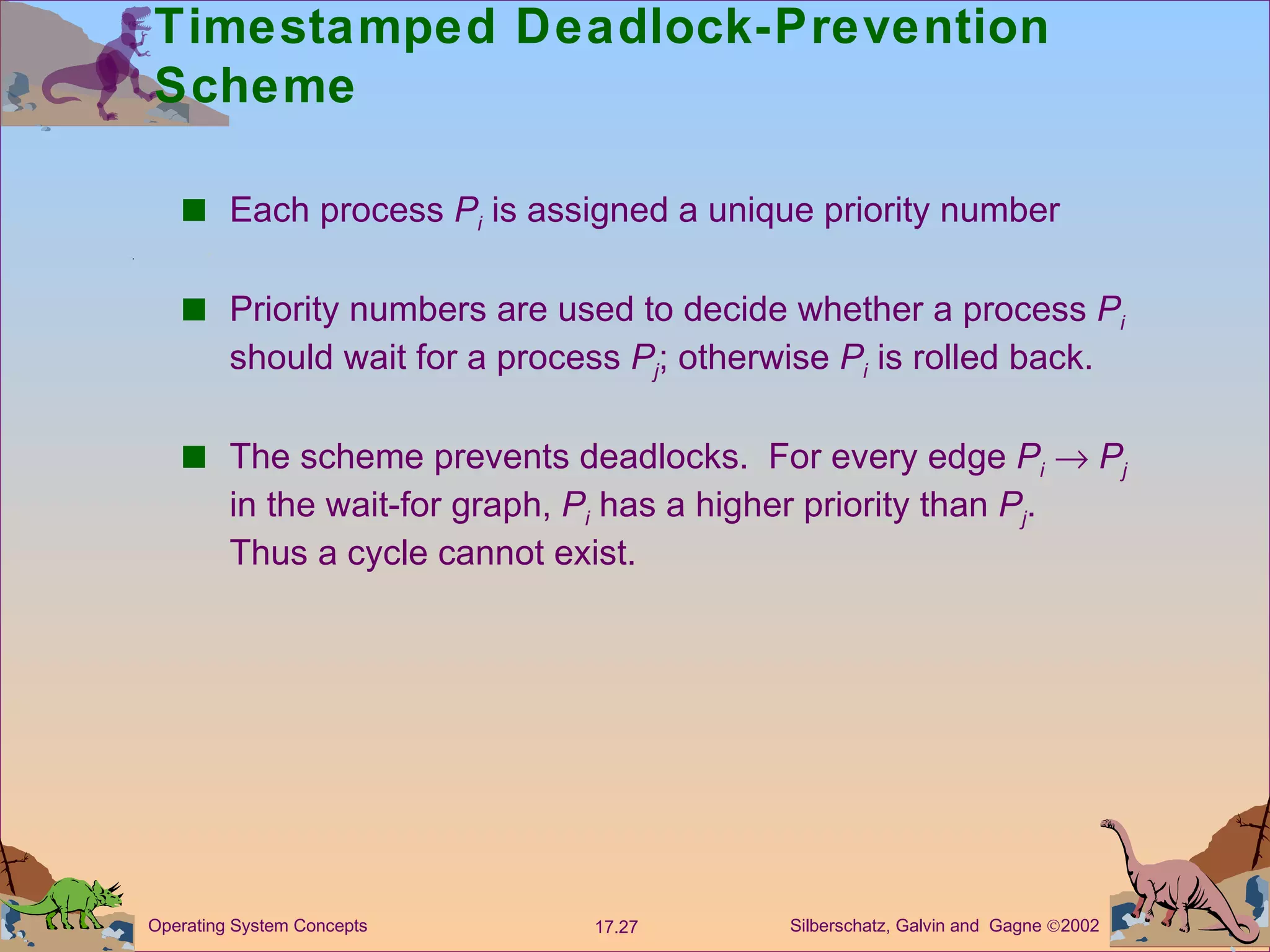 Timestamped Deadlock-Prevention Scheme Each process  P i   is assigned a unique priority number  Priority numbers are used to decide whether a process  P i  should wait for a process  P j ; otherwise  P i  is rolled back. The scheme prevents deadlocks.  For every edge  P i      P j  in the wait-for graph,  P i  has a higher priority than  P j .  Thus a cycle cannot exist. 