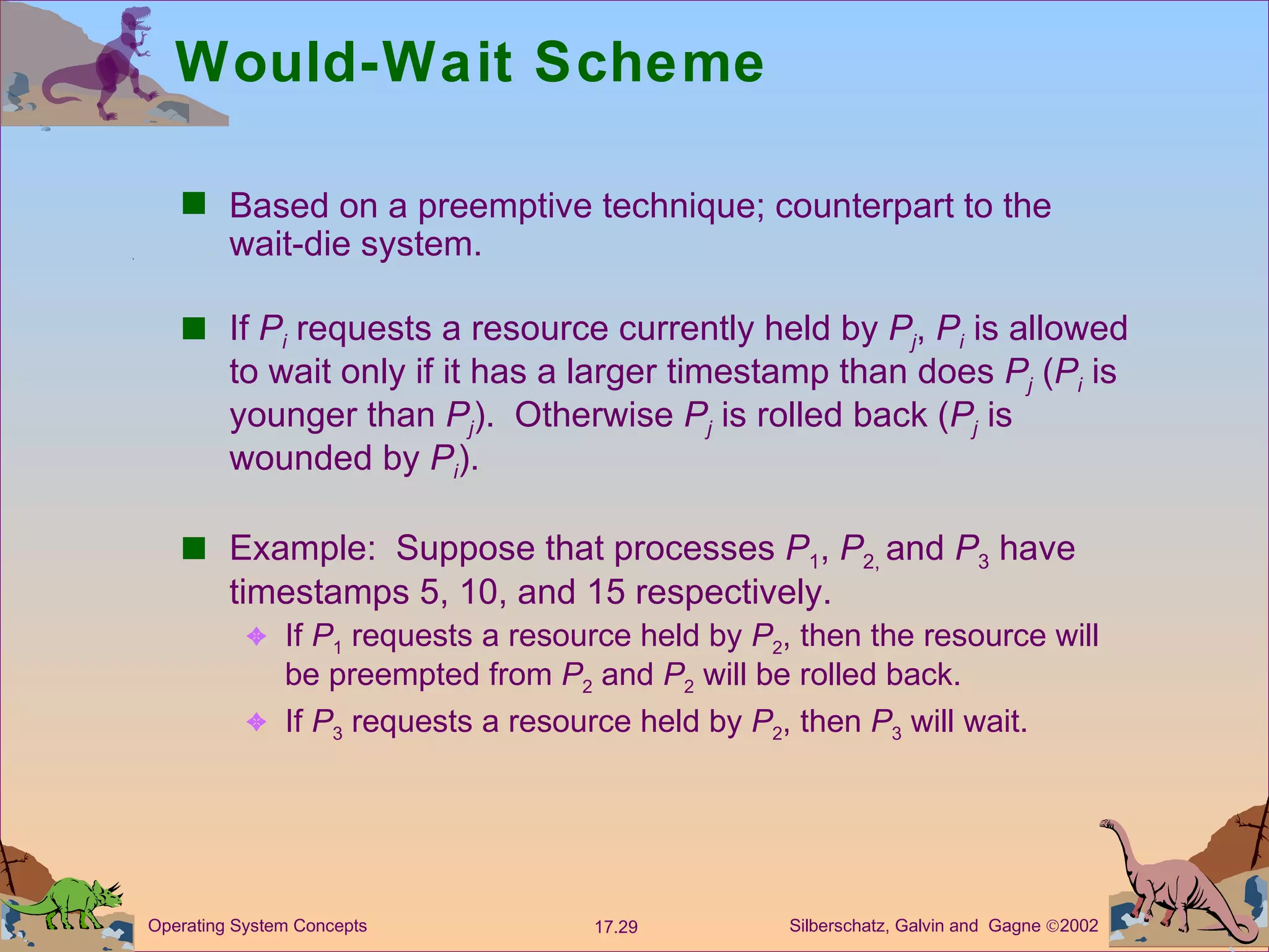 Would-Wait Scheme Based on a preemptive technique; counterpart to the wait-die system. If  P i  requests a resource currently held by  P j ,  P i  is allowed to wait only if it has a larger timestamp than does  P j  ( P i  is younger than  P j ).  Otherwise  P j  is rolled back ( P j  is wounded by  P i ). Example:  Suppose that processes  P 1 ,  P 2,  and  P 3  have timestamps 5, 10, and 15 respectively. If  P 1  requests a resource held by  P 2 , then the resource will be preempted from  P 2  and  P 2  will be rolled back. If  P 3  requests a resource held by  P 2 , then  P 3  will wait. 