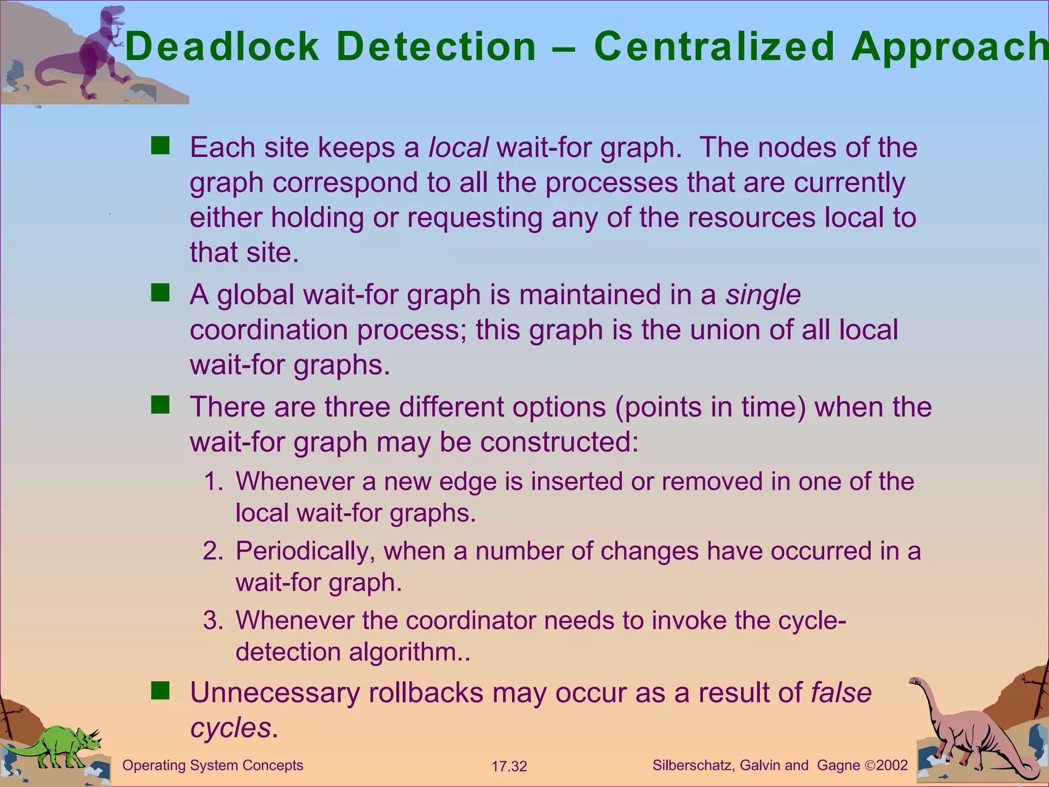 Deadlock Detection &ndash; Centralized Approach Each site keeps a  local  wait-for graph.  The nodes of the graph correspond to all the processes that are currently either holding or requesting any of the resources local to that site. A global wait-for graph is maintained in a  single  coordination process; this graph is the union of all local wait-for graphs.  There are three different options (points in time) when the wait-for graph may be constructed: 1.  Whenever a new edge is inserted or removed in one of the local wait-for graphs. 2. Periodically, when a number of changes have occurred in a wait-for graph. 3. Whenever the coordinator needs to invoke the cycle-detection algorithm.. Unnecessary rollbacks may occur as a result of  false cycles . 