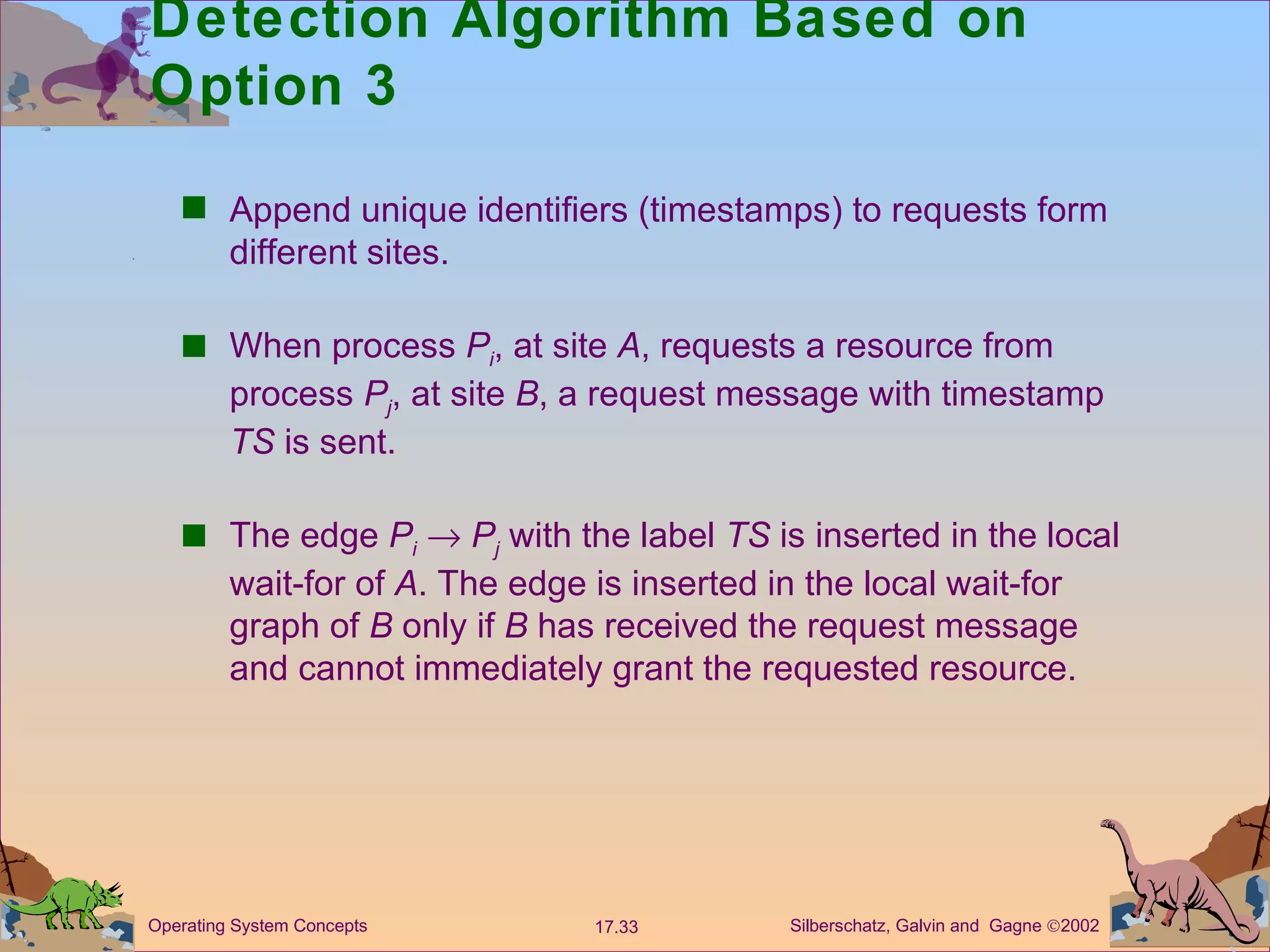 Detection Algorithm Based on Option 3 Append unique identifiers (timestamps) to requests form different sites. When process  P i , at site  A , requests a resource from process  P j , at site  B , a request message with timestamp  TS  is sent. The edge  P i      P j  with the label  TS  is inserted in the local wait-for of  A . The edge is inserted in the local wait-for graph of  B  only if  B  has received the request message and cannot immediately grant the requested resource. 