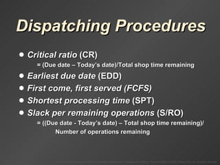 Dispatching Procedures Critical ratio  (CR) = (Due date – Today’s date)/Total shop time remaining Earliest due date  (EDD) First come, first served (FCFS) Shortest processing time  (SPT) Slack per remaining operations  (S/RO) = ((Due date - Today’s date) – Total shop time remaining)/ Number of operations remaining 