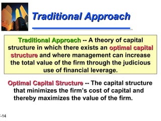 Traditional Approach Optimal Capital Structure  -- The capital structure that minimizes the firm’s cost of capital and thereby maximizes the value of the firm.  Traditional Approach  -- A theory of capital structure in which there exists an  optimal capital structure  and where management can increase the total value of the firm through the judicious use of financial leverage. 
